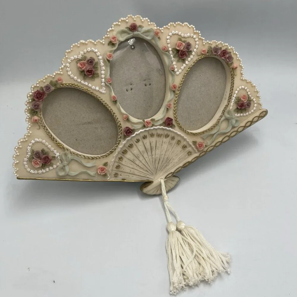 Dezine Victorian Style 3 Photo Picture Frame Hand Fan Shaped Boudoir Vanity 90s